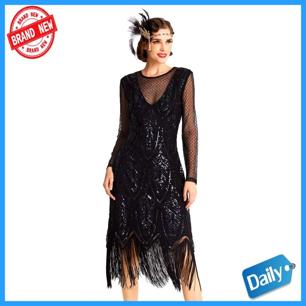 Long Sleeve Sequin Beaded Gatsby Flapper Dress for Party